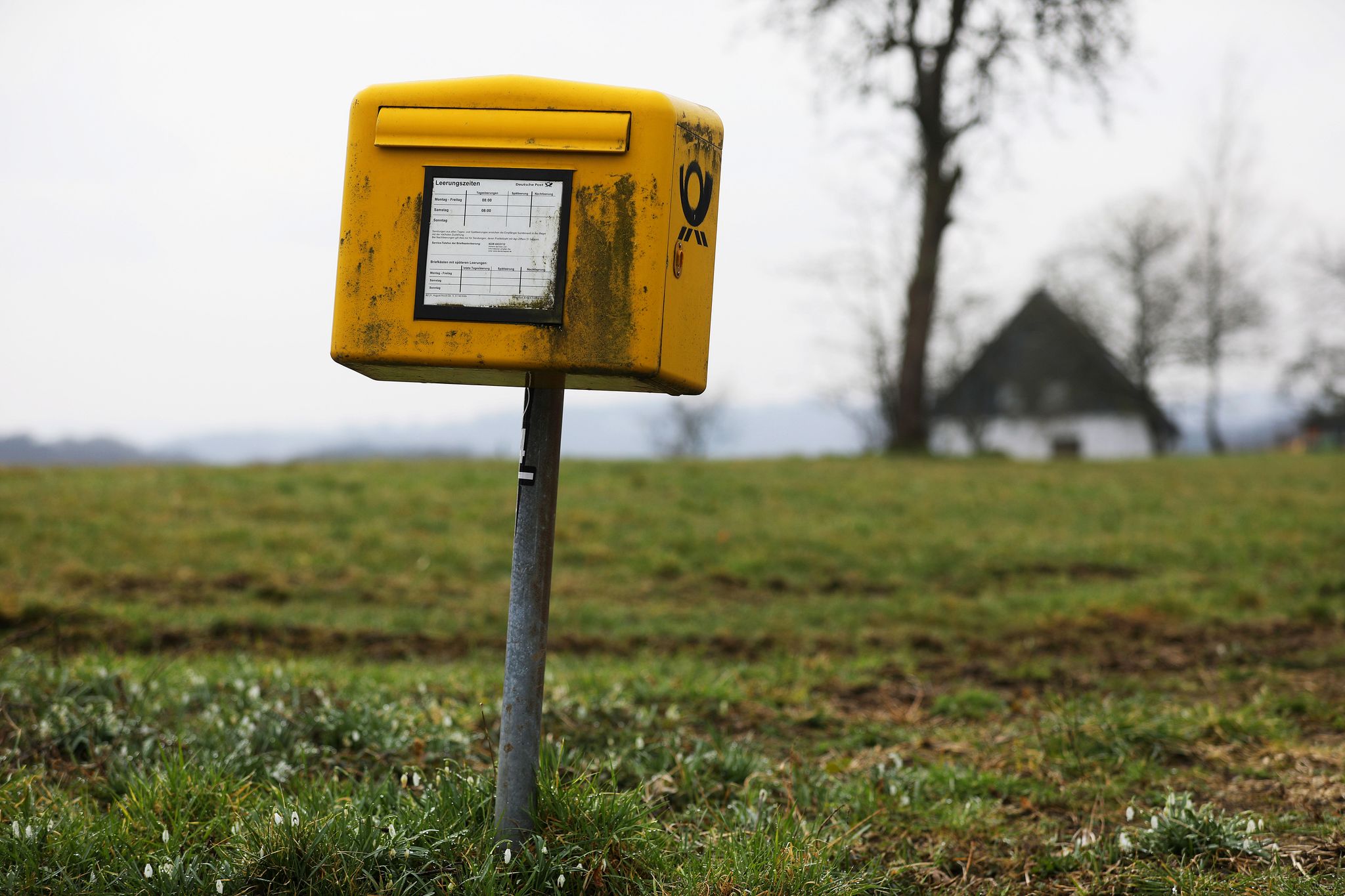 Ein Briefkasten der Deutschen Post steht auf einer Wiese am Rand einer Siedlung im Bergischen Land (NRW).