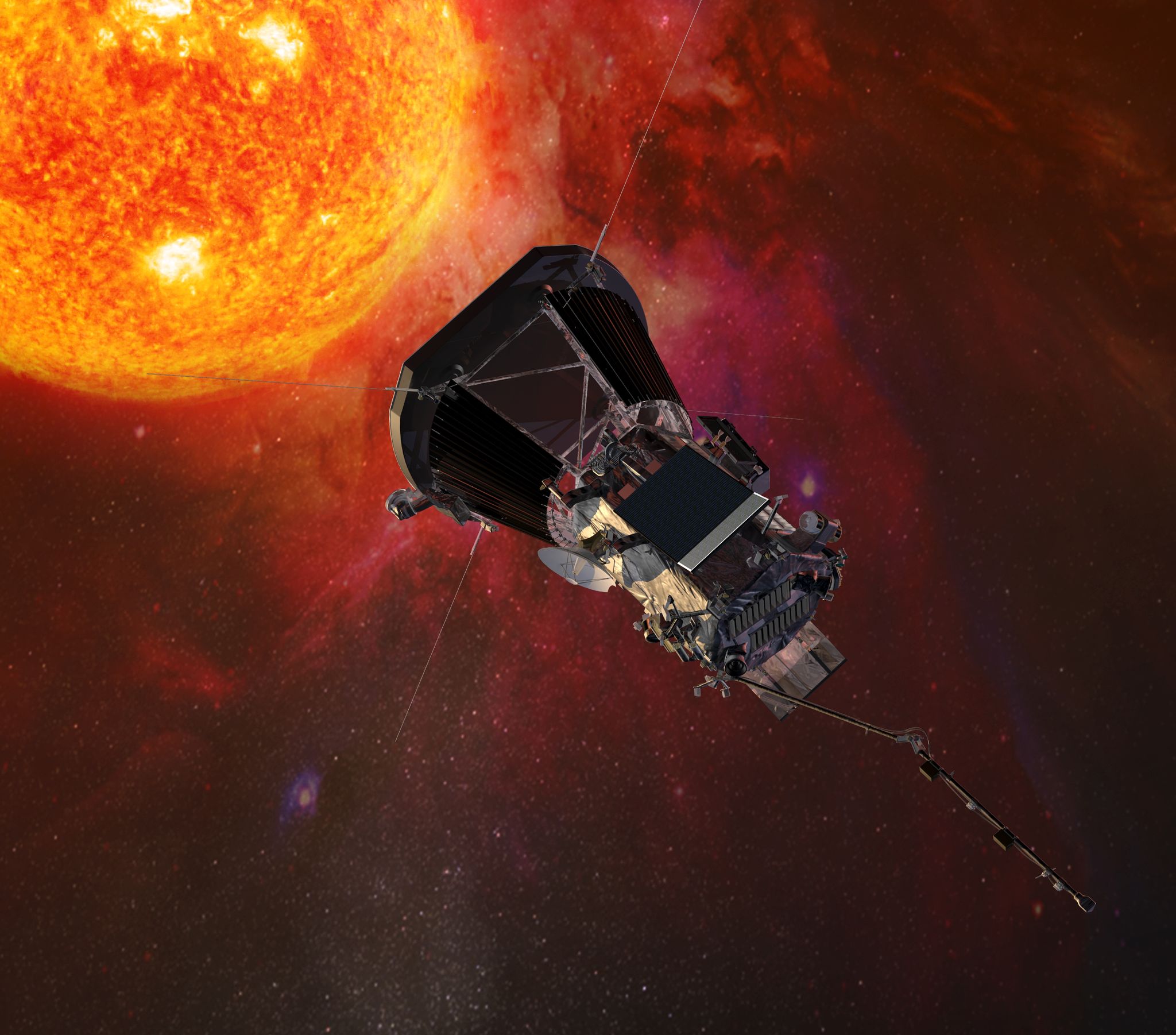 Die Computergrafik zeigt die «Parker Solar Probe»-Sonde der US-Raumfahrtbehörde Nasa auf dem Weg zur Sonne.