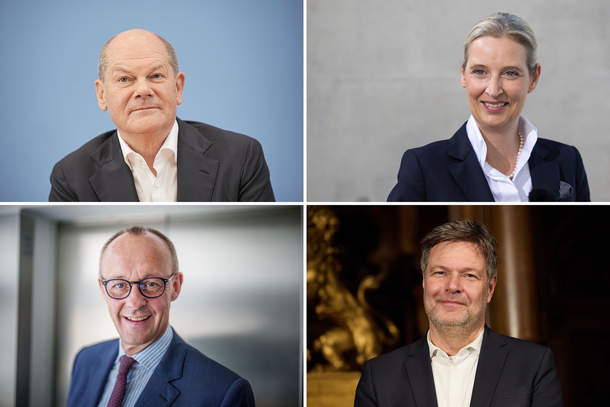 Treten gegeneinander im TV an: Scholz, Merz, Weidel und Habeck.