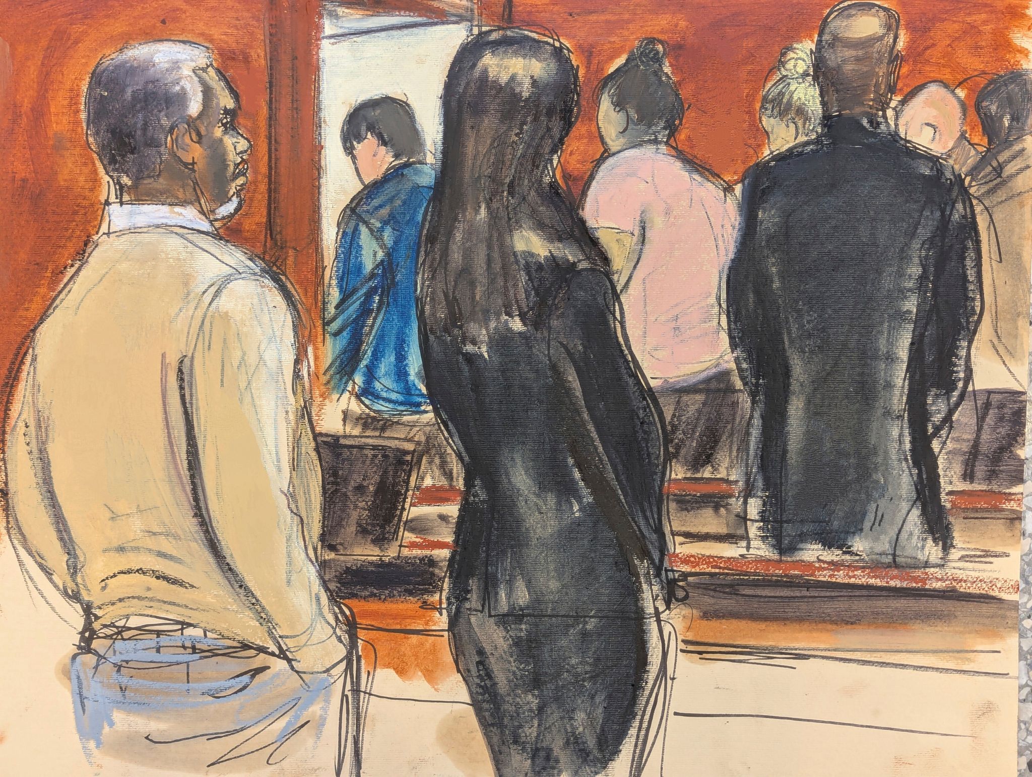 Die Gerichtszeichnung stellt Sean «Diddy» Combs am 1.7. mit seinem Verteidigungsteam dar, wie er zusieht, wie die Geschworenen den Gerichtssaal verlassen.