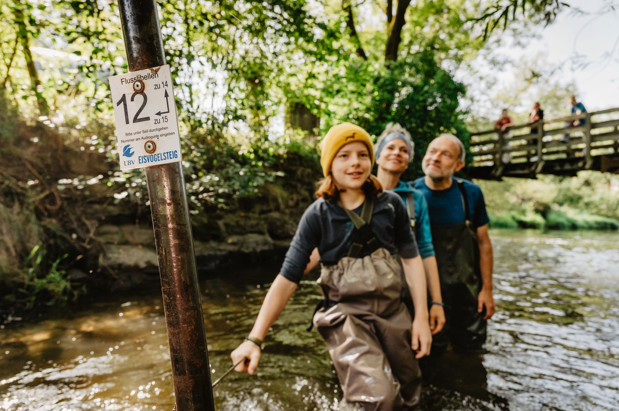 Wathose an und hinein ins Wasser: Der Eisvogelsteig führt durch den Fluss Chamb.