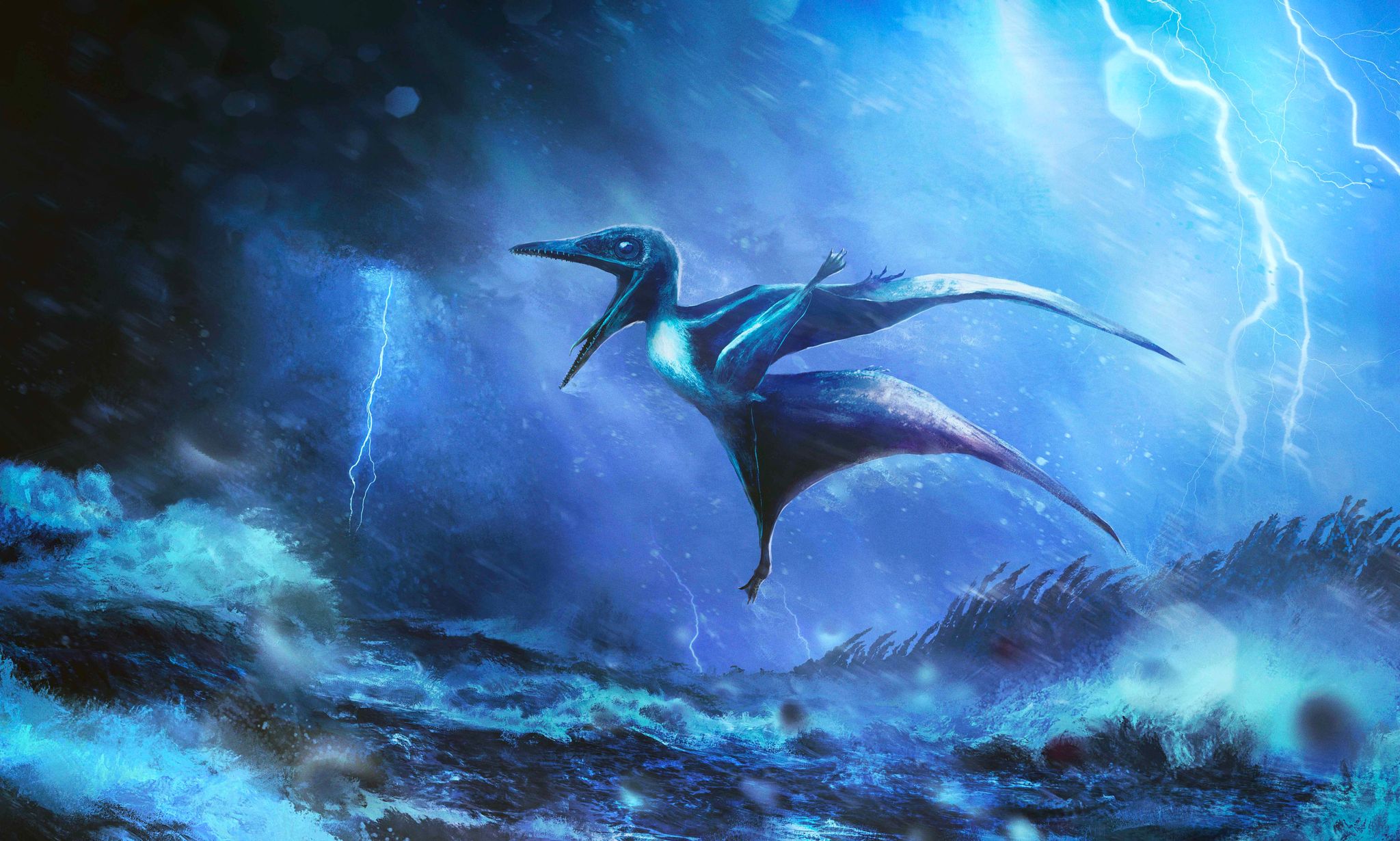 Starke Windböe brechen die zarten Knochen: Künstlerische Darstellung eines kleinen Pterodactylus-Babys in einem Tropengewitter.