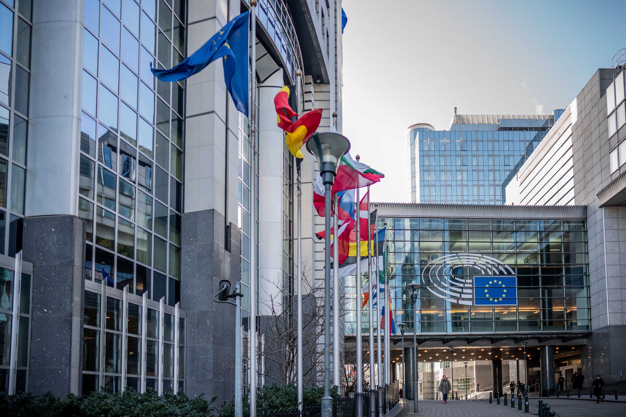 Fahnen wehen vor dem Sitz des Europäischen Parlaments in Brüssel.