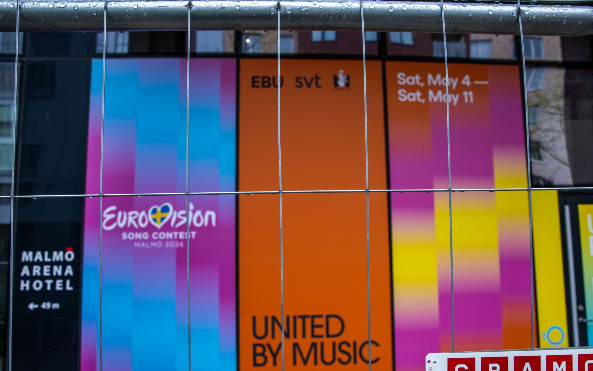 Werbetafeln für den Eurovision Song Contest am Austragungsort Malmö Arena.